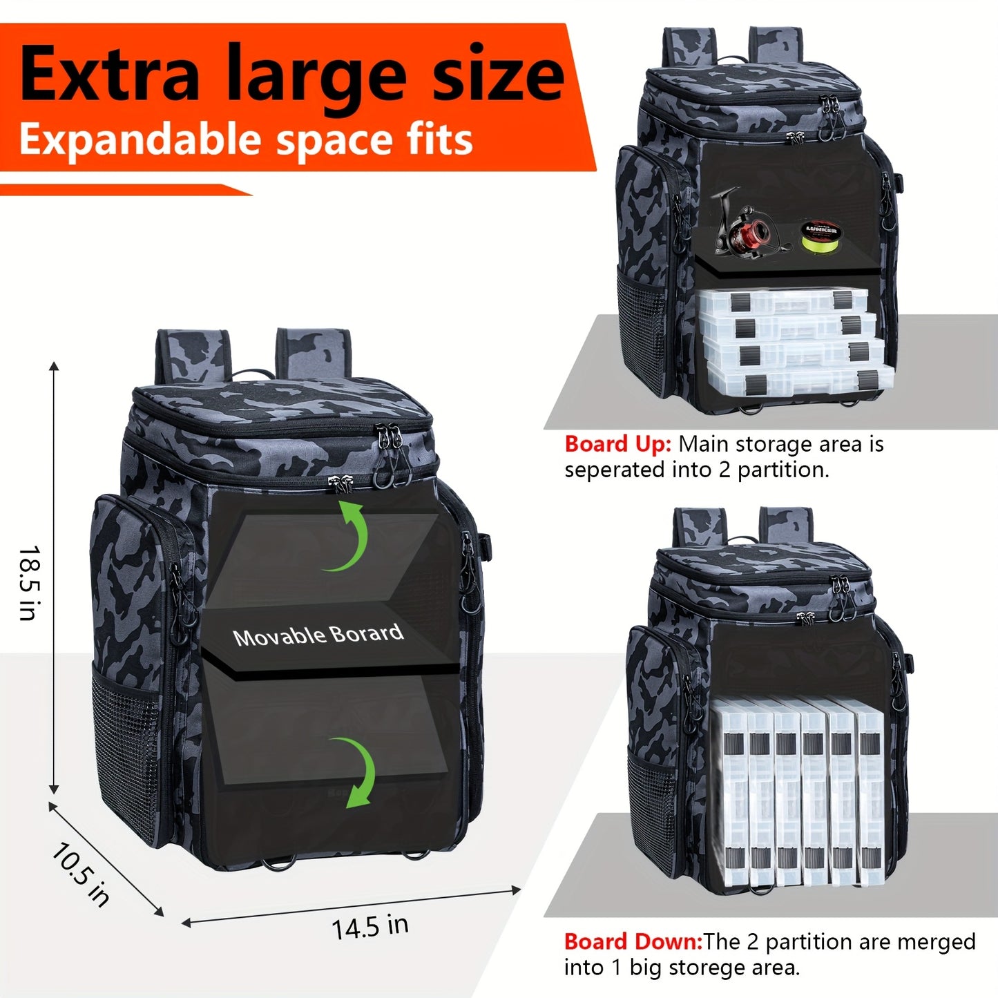 Large Fishing Gear Backpack with Rod Holder
